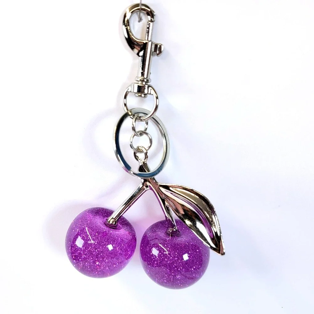 Bag Charm Cherry Keychain Glitter Resin Purple Womens Gypsy Fairycore Whimsical